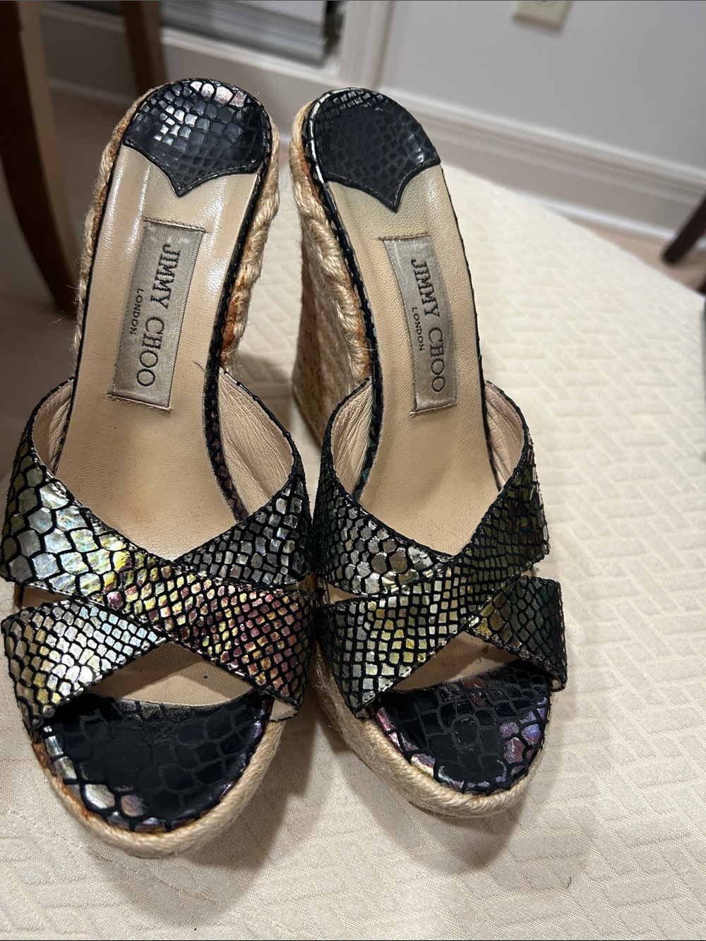 Jimmy Choo Iridescent Black Multi-Color Snakeskin Espadrille Wedges